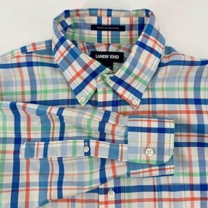 Lands' End Mens 16-35 Button Down Shirt Supima No Iron Oxford Plaid Casual L‎